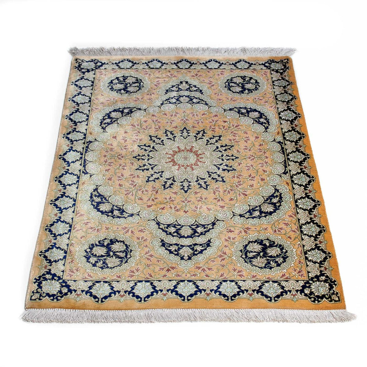 Tapis persan - Ghom - 93 x 59 cm - jaune moutarde