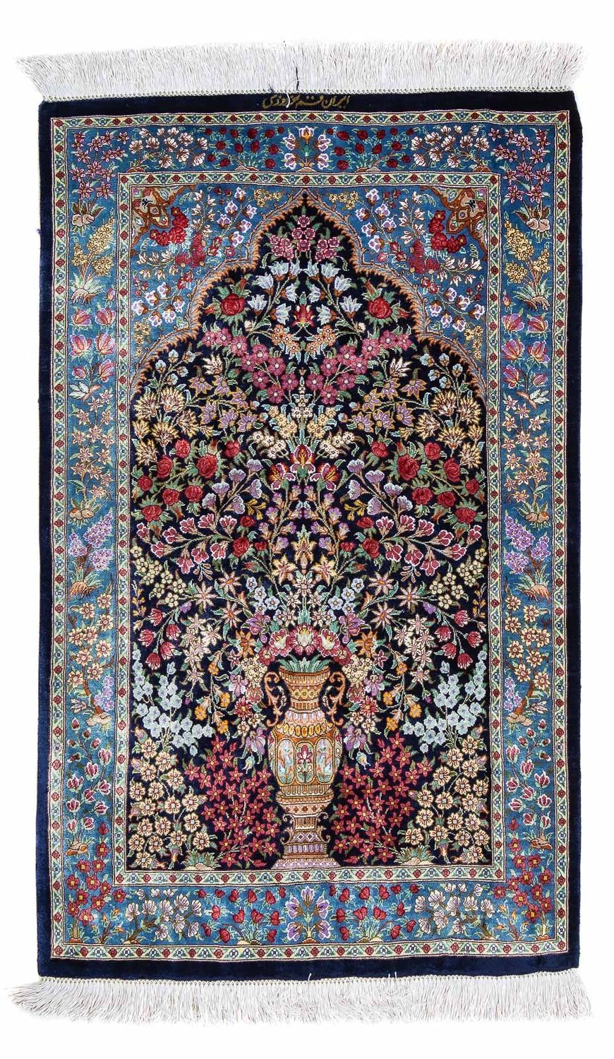 Tapis persan - Ghom - 96 x 57 cm - bleu foncé