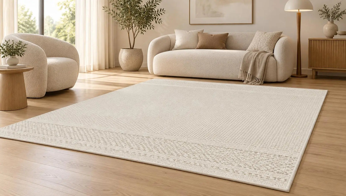 Wollteppich kaufen: Heller, moderner Wollteppich mit feiner Struktur in einem stilvollen Wohnzimmer als Beispiel für Qualität, Design und Schurwolle
