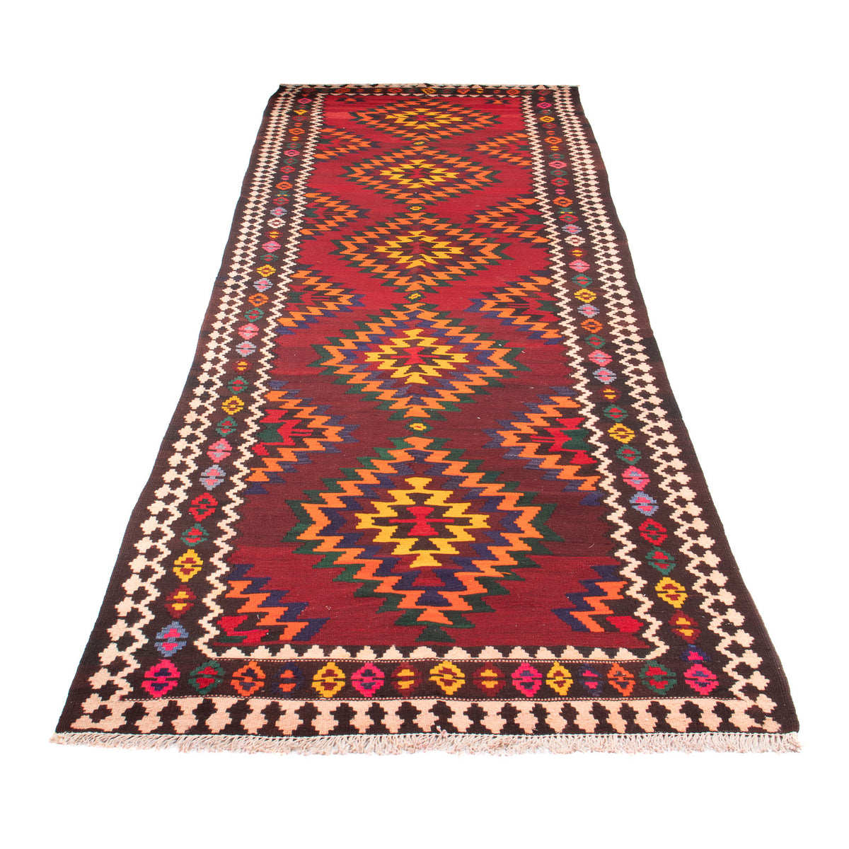 Tapis de couloir Tapis Kelim - Vieux - 440 x 124 cm - rouge foncé