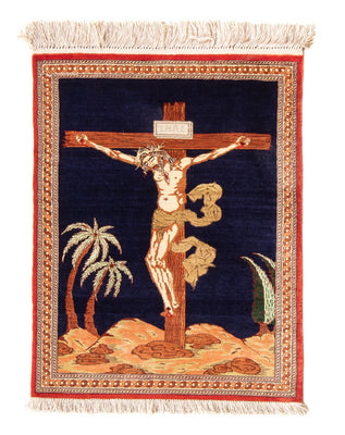 Tapis en soie - Ghom soie - Premium - 71 x 56 cm - bleu foncé