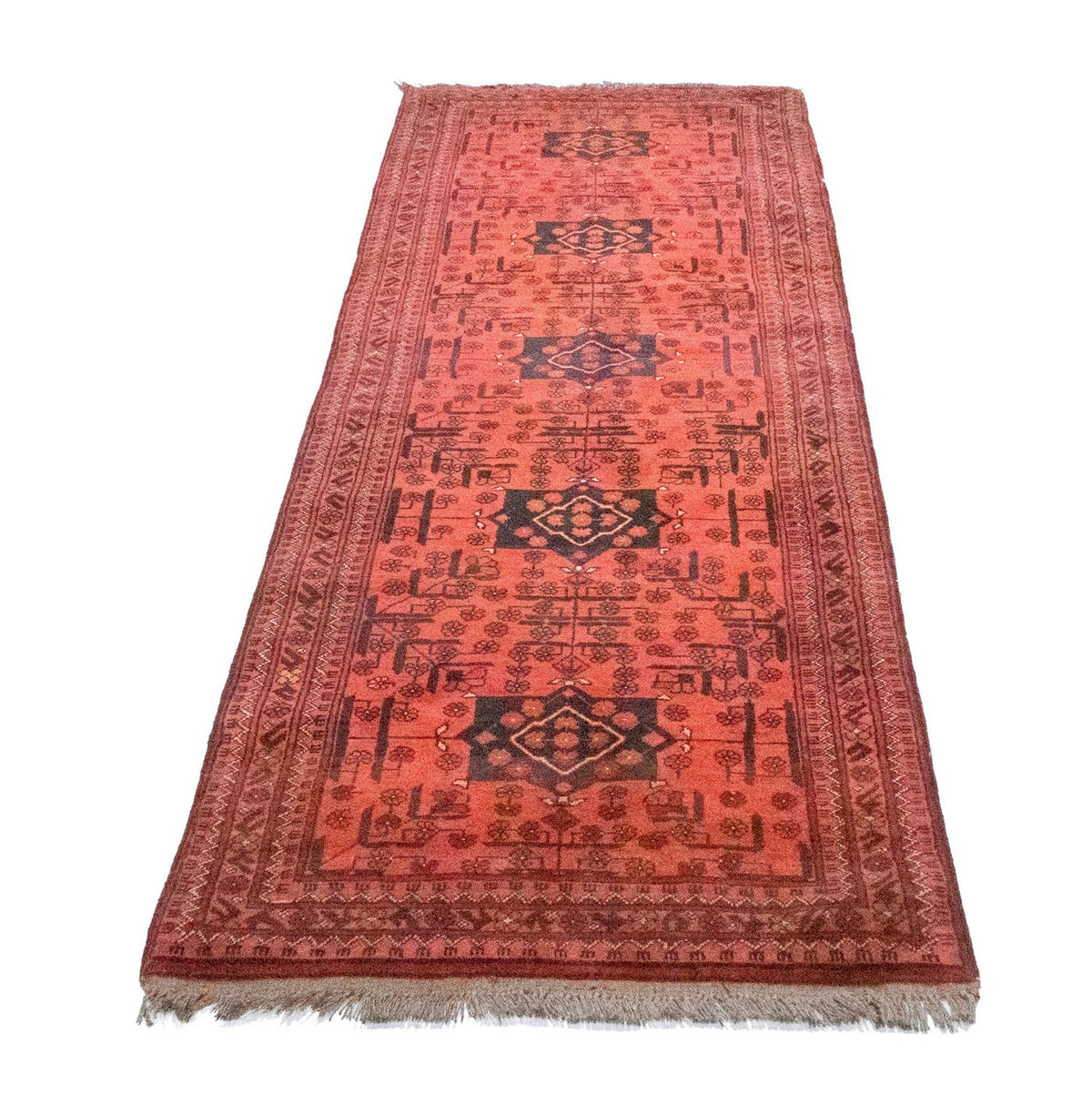 Tapis de couloir Tapis afghan - Kunduz - 298 x 79 cm - rouge