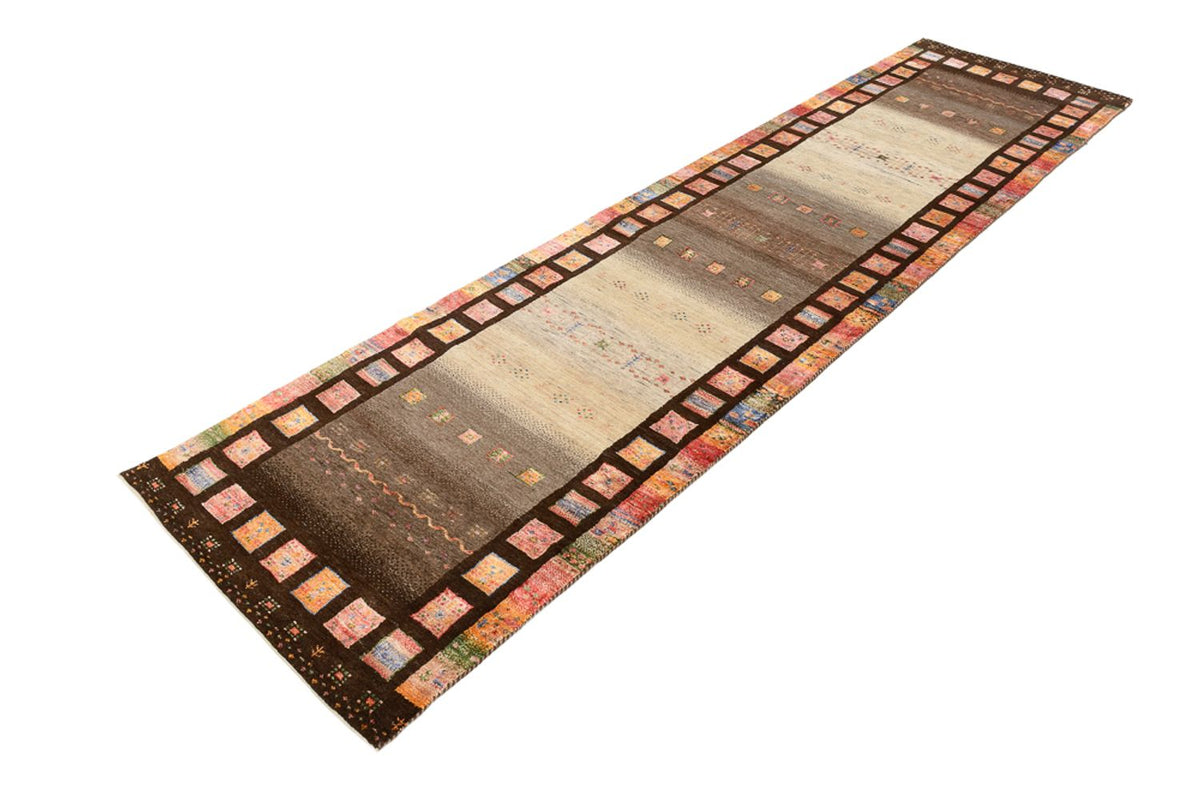 Tapis de couloir Tapis Gabbeh - Loribaft Indus - 306 x 80 cm - beige foncé