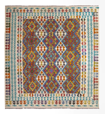 Tapis Kelim - Splash carré  - 207 x 203 cm - multicolore