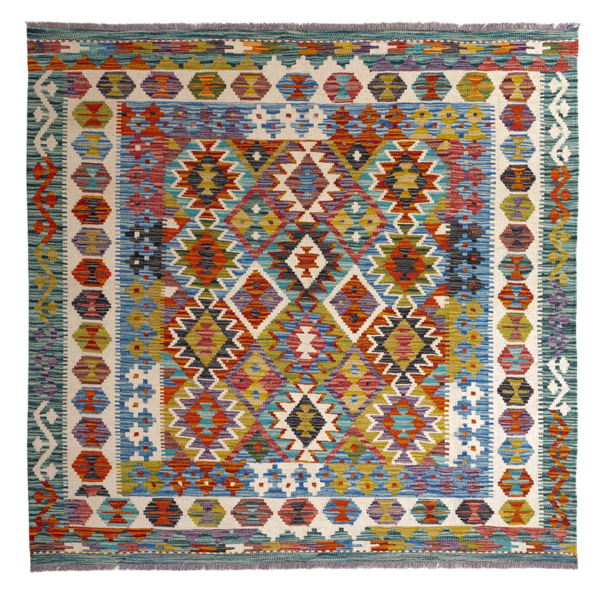 Tapis Kelim - Splash carré  - 154 x 154 cm - multicolore