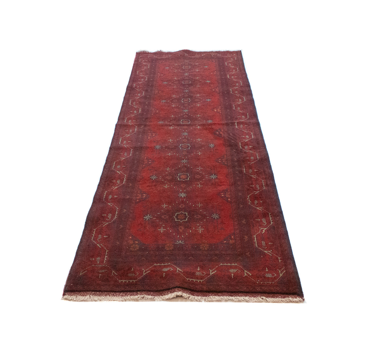Tapis de couloir Tapis afghan - Kunduz - 299 x 86 cm - rouge foncé