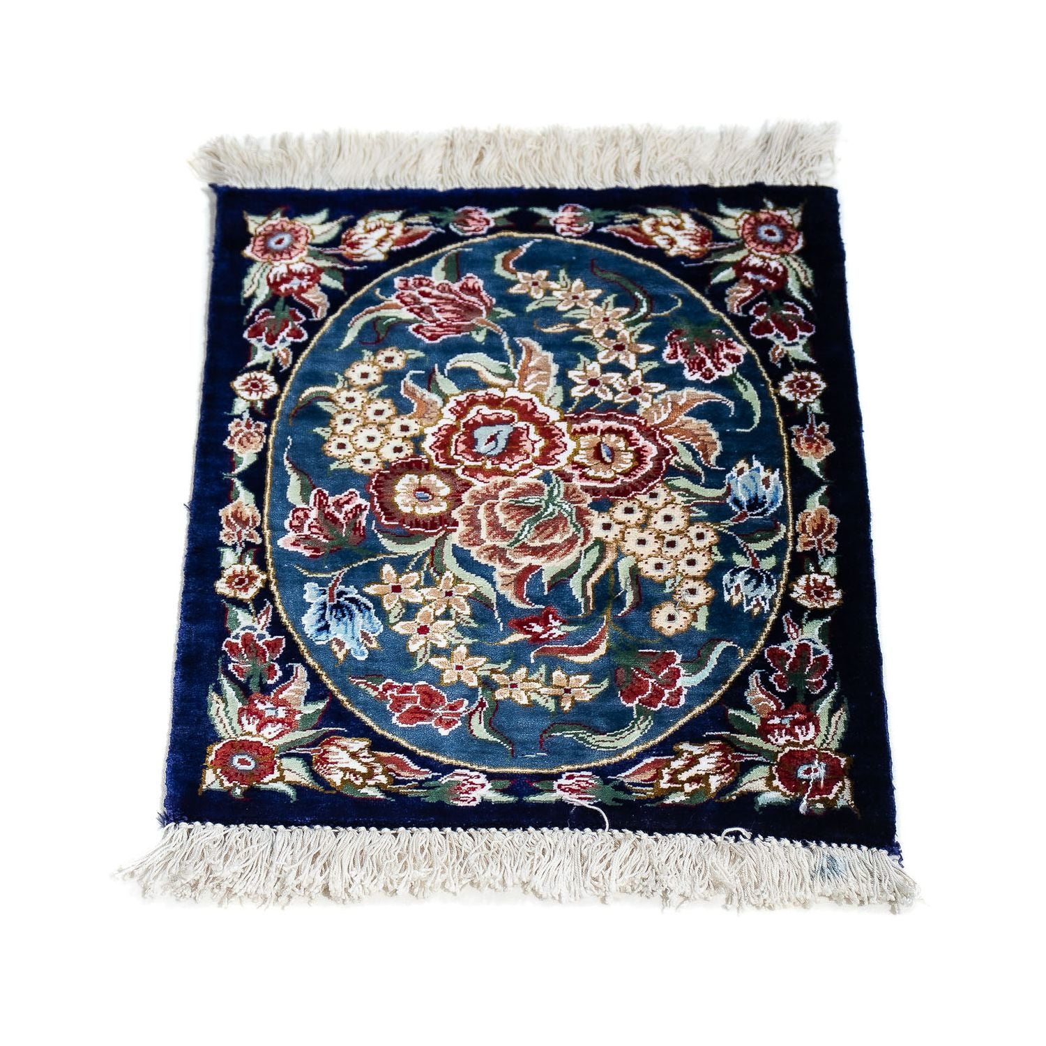 Tapis en soie - Ghom soie - Premium - 40 x 28 cm - bleu foncé