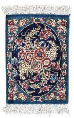 Tapis en soie - Ghom soie - Premium - 40 x 28 cm - bleu foncé