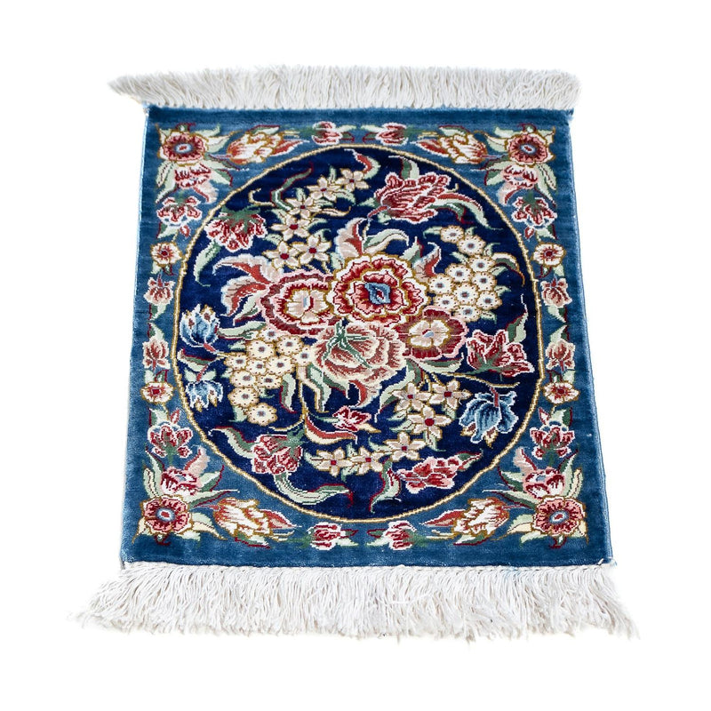 Tapis en soie - Ghom soie - Premium - 40 x 28 cm - bleu foncé