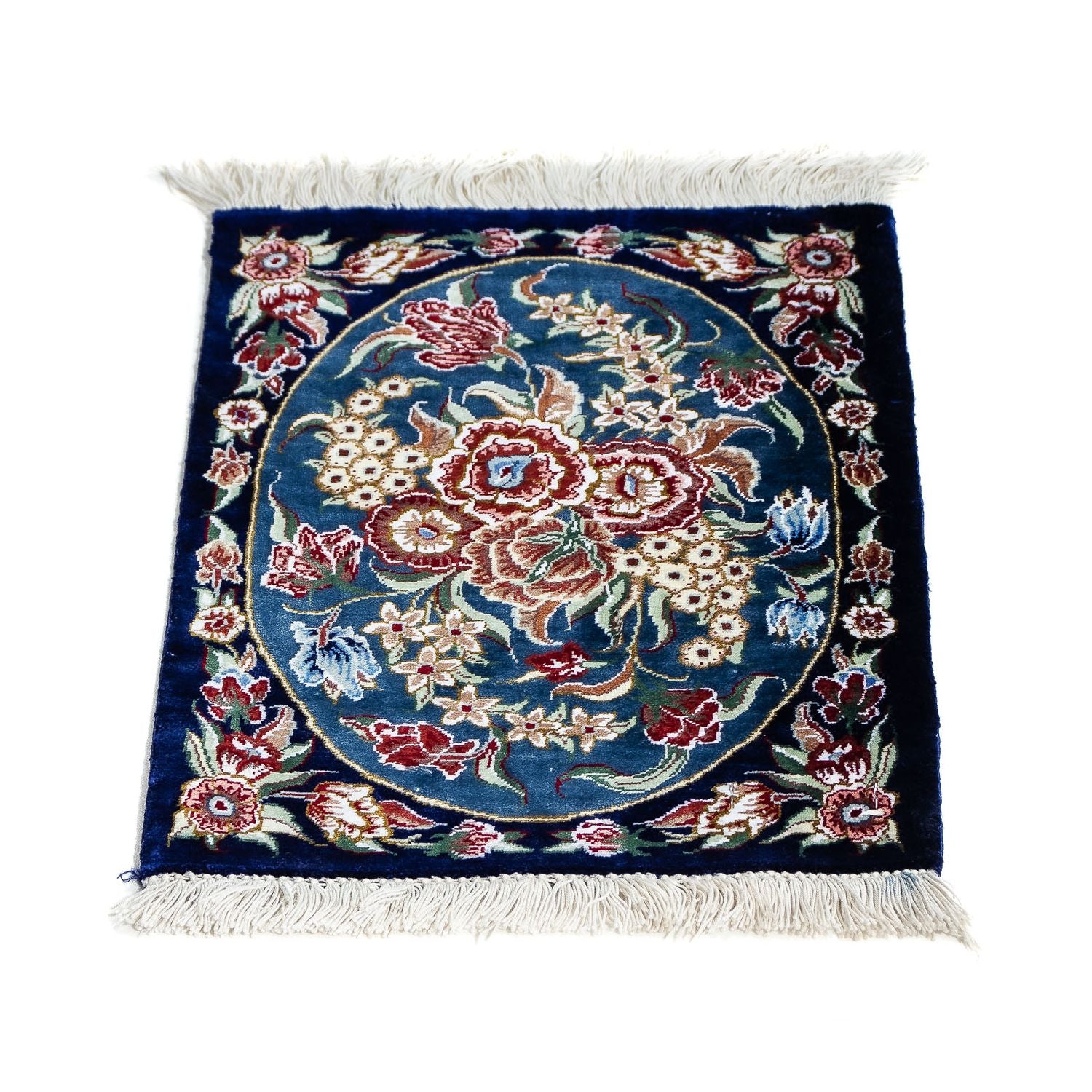 Tapis en soie - Ghom soie - Premium - 40 x 28 cm - bleu foncé