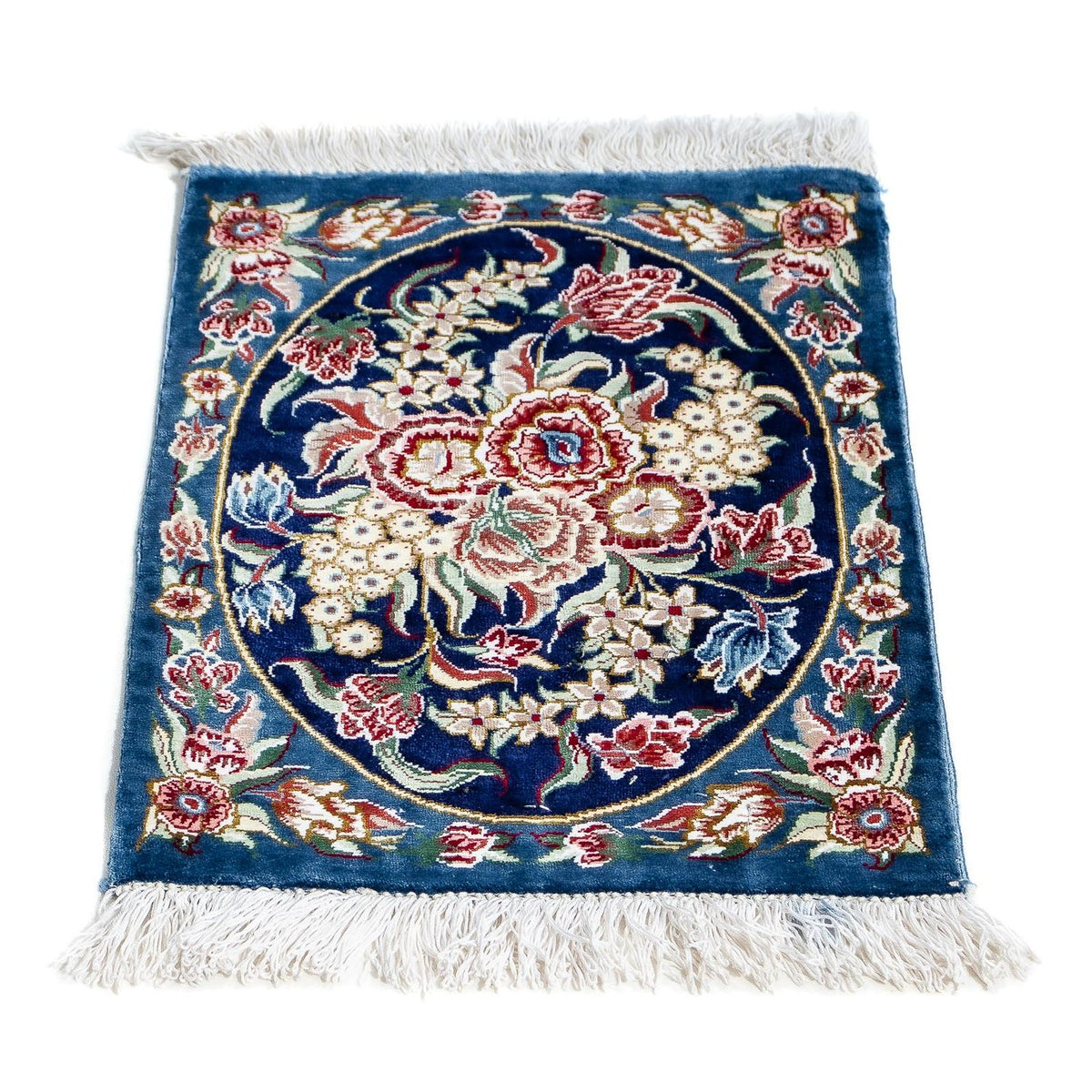 Tapis en soie - Ghom soie - Premium - 40 x 28 cm - bleu foncé