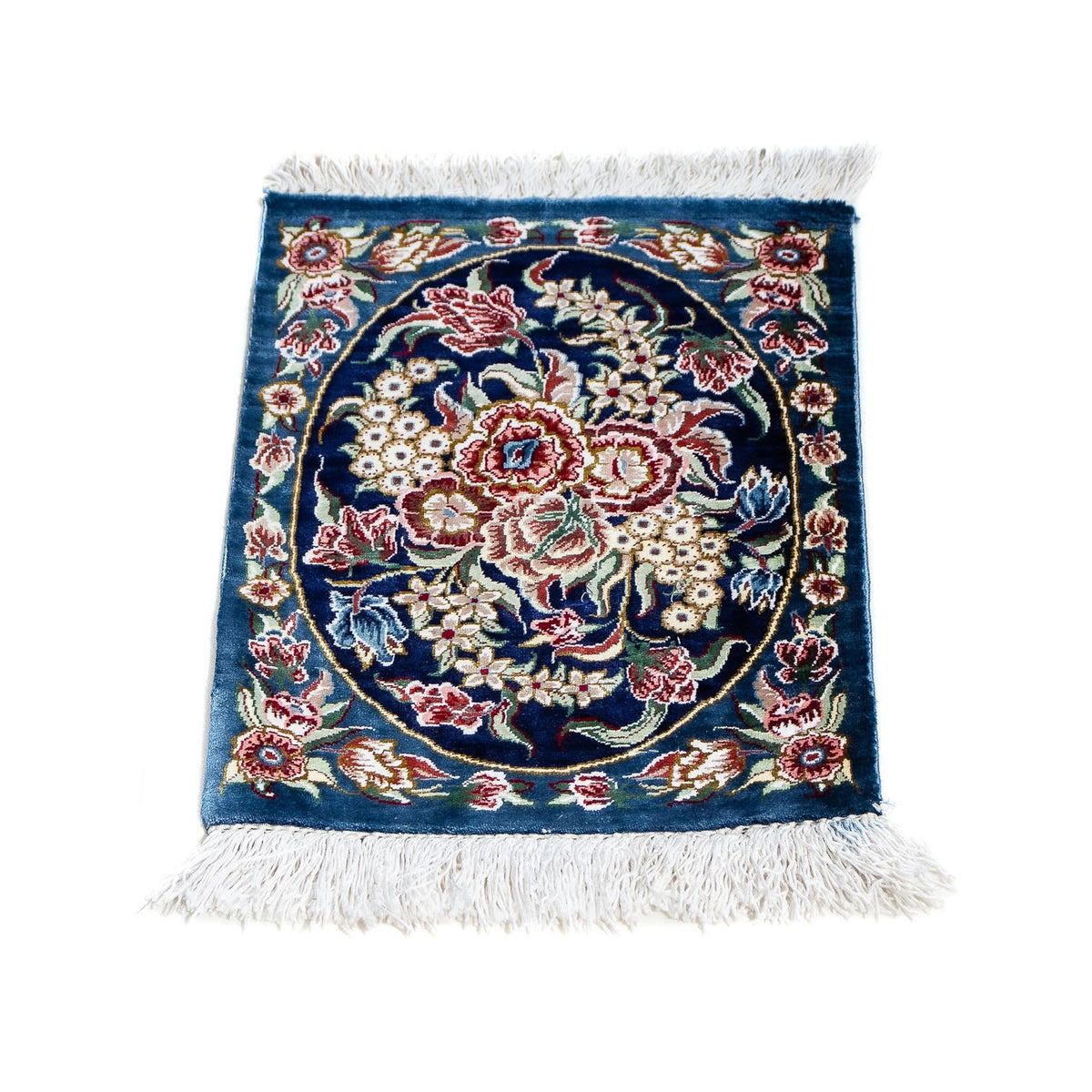 Tapis en soie - Ghom soie - Premium - 40 x 28 cm - bleu foncé