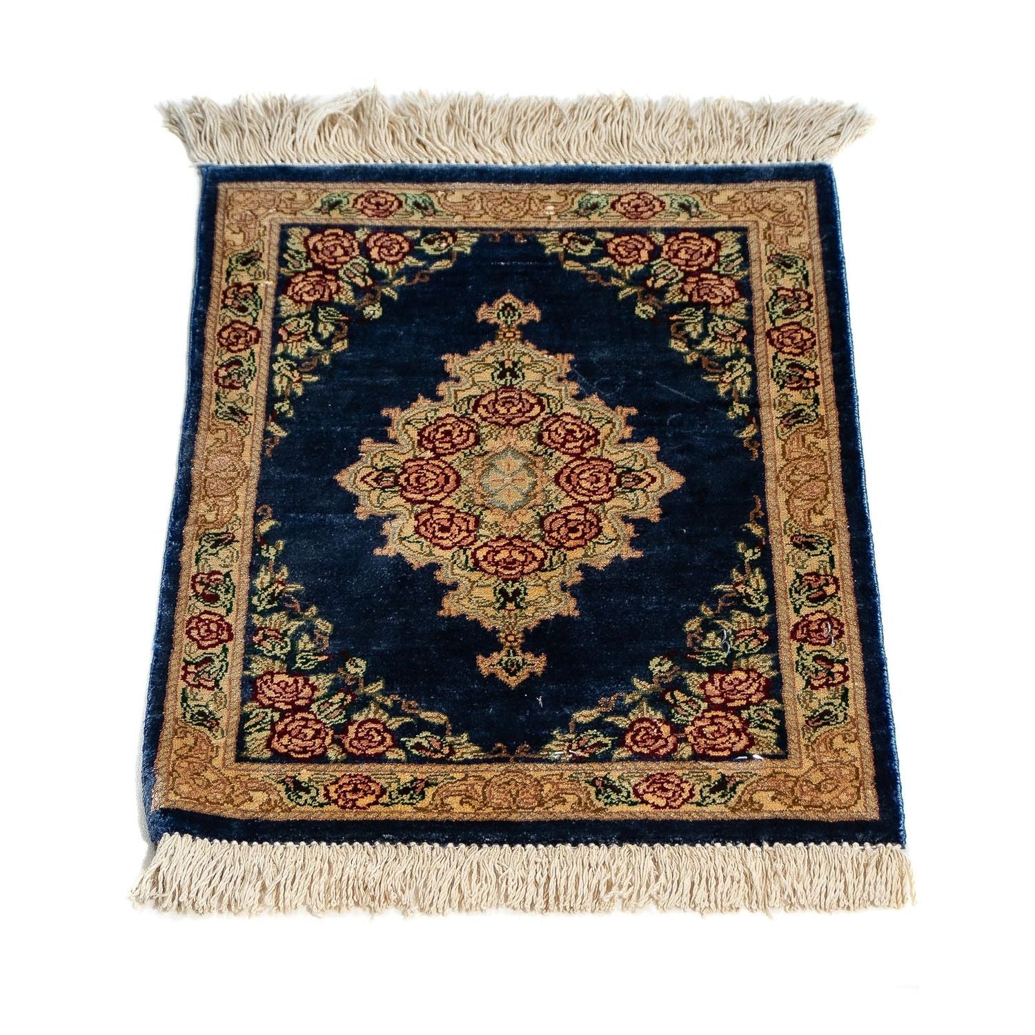 Tapis en soie - Ghom soie - Premium - 40 x 28 cm - bleu foncé