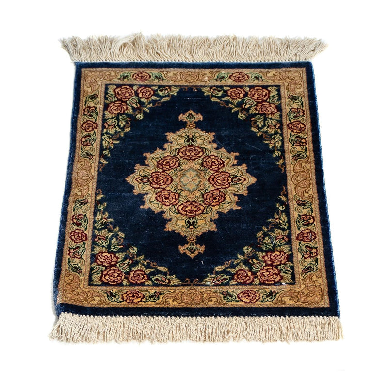 Tapis en soie - Ghom soie - Premium - 40 x 28 cm - bleu foncé