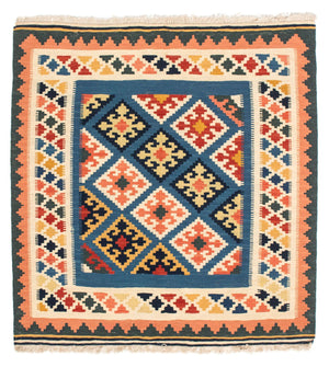 Tapis Kelim - Oriental carré  - 106 x 102 cm - bleu foncé