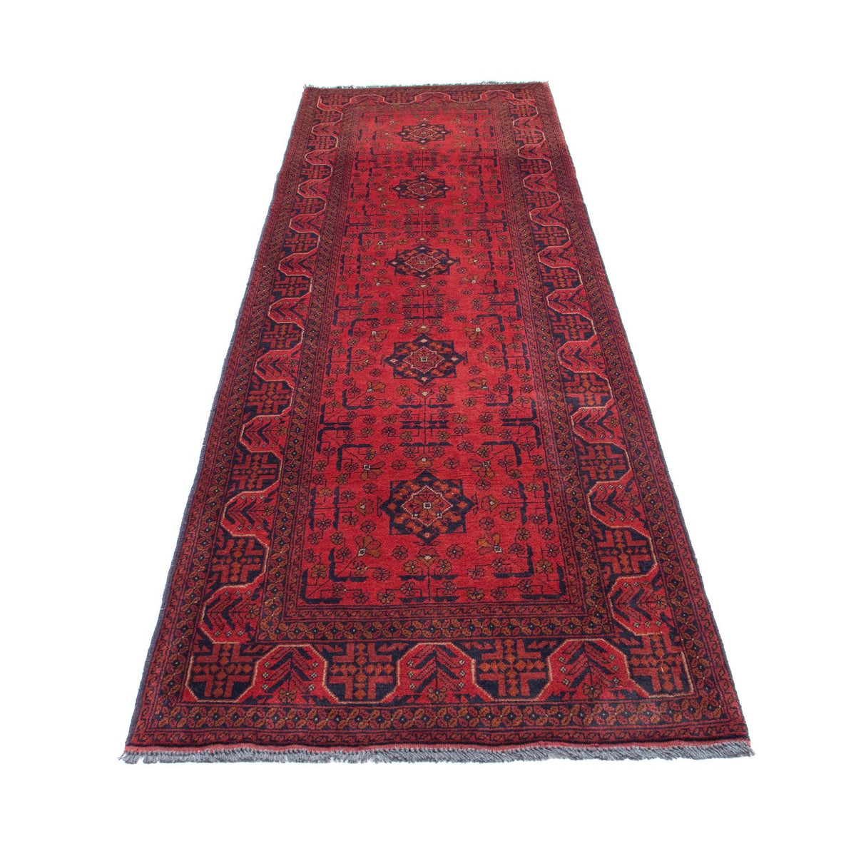 Tapis de couloir Tapis afghan - Kunduz - 298 x 83 cm - rouge foncé