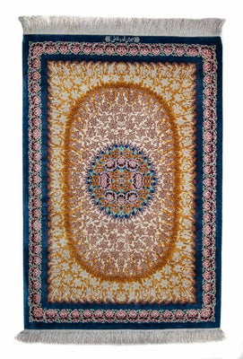 Tapis en soie - Ghom soie - Premium - 93 x 60 cm - bleu foncé