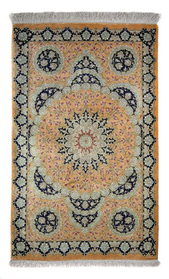 Tapis persan - Ghom - 93 x 59 cm - jaune moutarde