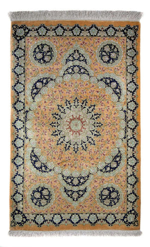 Tapis persan - Ghom - 93 x 59 cm - jaune moutarde