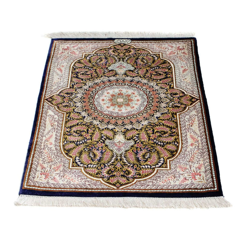 Tapis persan - Ghom - 93 x 59 cm - bleu foncé