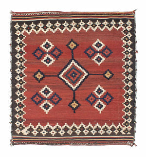 Tapis Kelim - Oriental carré  - 144 x 132 cm - rouge foncé
